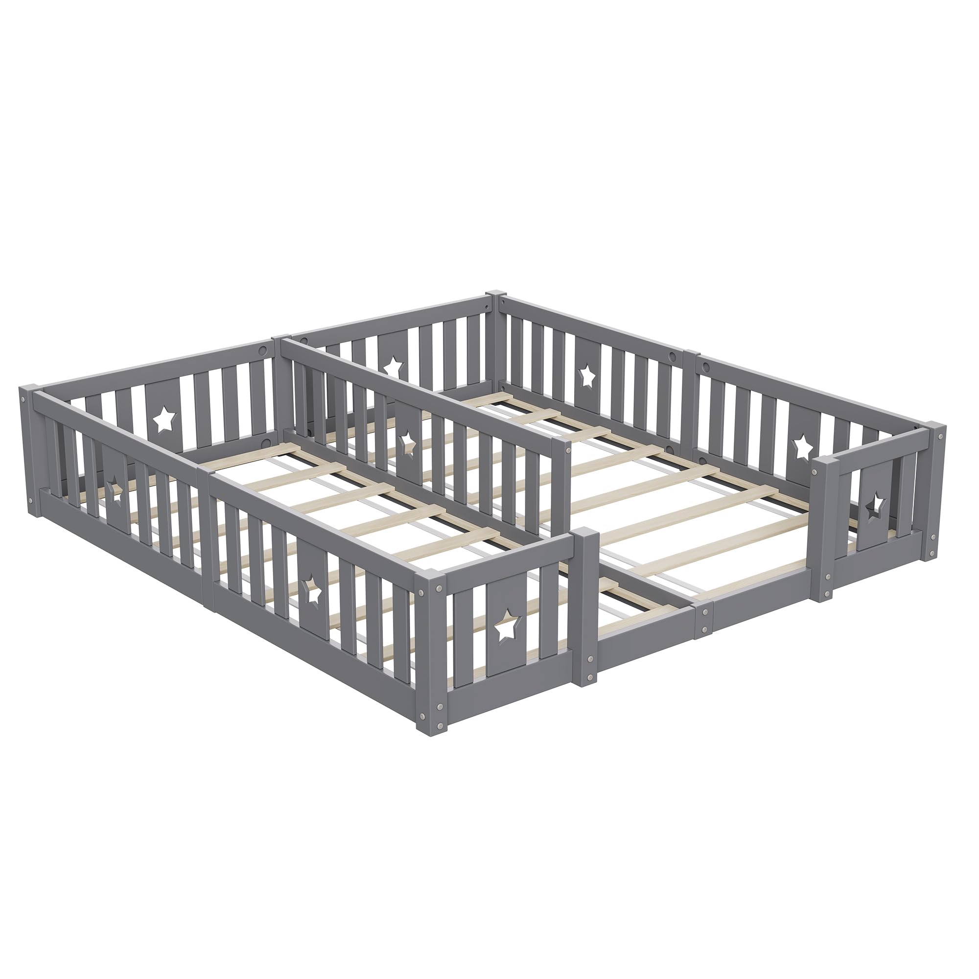 Lit Montessori Enfant au Sol 90x200 cm avec Barrières,Lit Combiné 2 Places Applicable Cela Enfants S'exercer Debout,Idéal pour Famille/Jumeaux,Gris(avec sommier à Lattes)