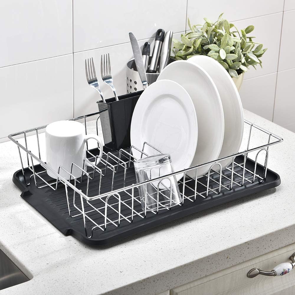 POPILION Sturdy Kitchen Sink Side Chrome Draining Dish Rack, With Black Cutlery Holder and Drainboard