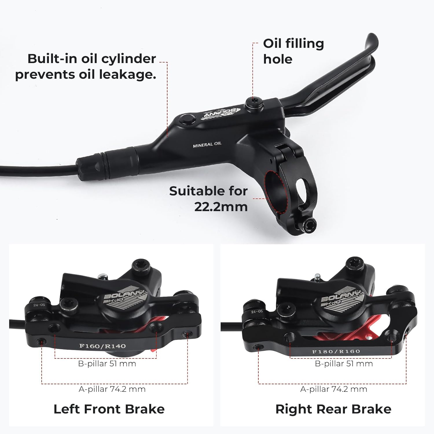 BOLANY Disc Brake Sets Oil Hydraulic MTB Bike Aluminum Alloy Left Front 800mm Right Rear 1400mm Brake Levers with is/PM Adapter Fit MTB Fat Bike E-Bike