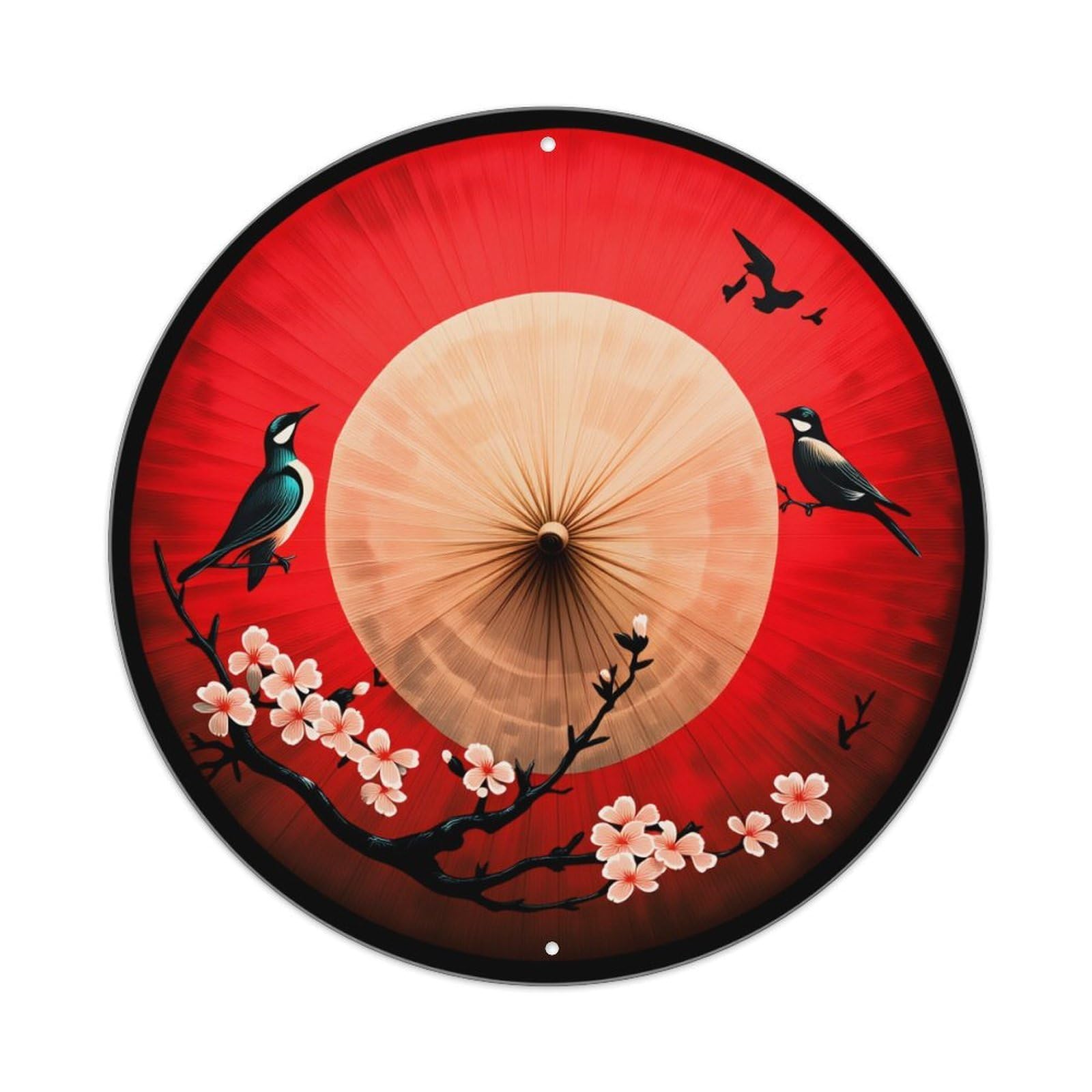 Wmlzdnwr Vintage Red Background With Birds And Cherry Blossoms On Umbrella Round Tin Sign,Retro Wall Art,Metal Poster For Home, Bar, Garage, Cafe, Rustic Indoor & Outdoor Decor, 8X8 Inches