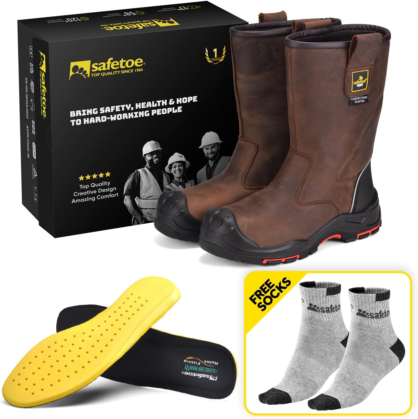 Work Boots for Men Cow Leather Safety Boot 8-inch Composite Toe Industrial Construction Boots for Oil,Gas,Mine