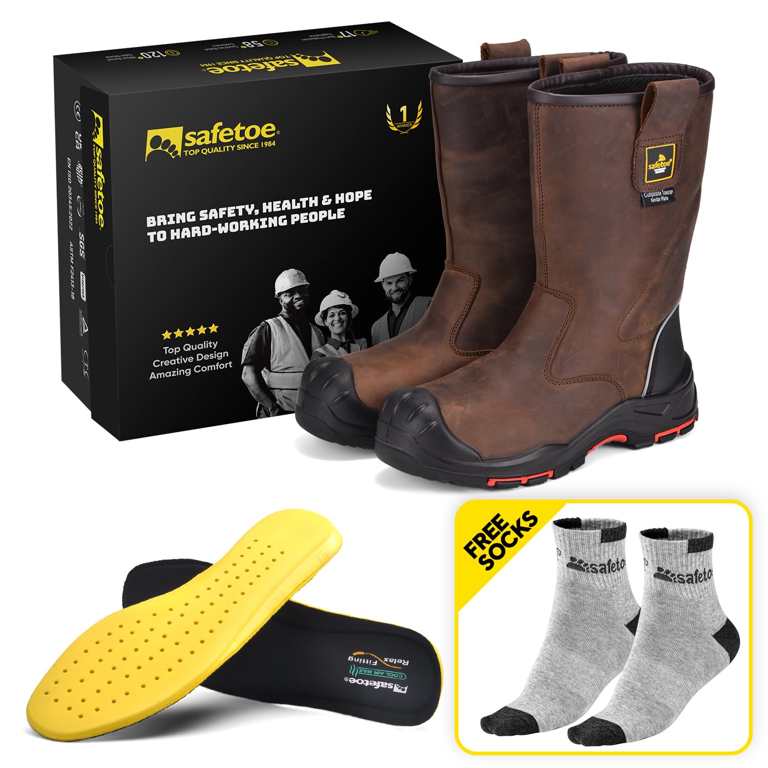 SAFETOE Arbeitsstiefel für Herren/Damen Kuh Leder Sicherheitsstiefel 20 CM Composite Toe Anti-Nagel Gummi Sohle Industrielle Bau Stiefel für Öl, Gas, Mine S3 ESD EU Größe