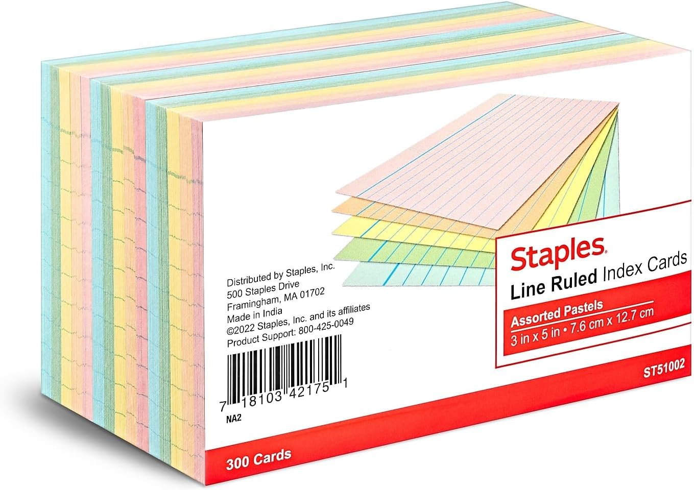 Staples Ruled 3 X 5 Index Cards, Assorted Pastel, 300/Pack