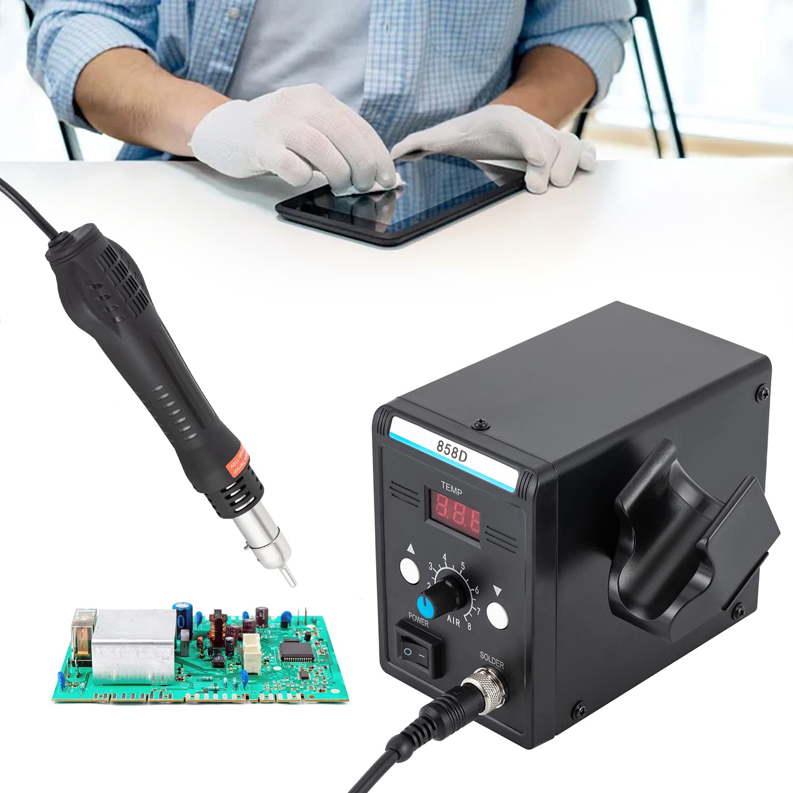 Stazione di rielaborazione ad aria calda 858D con pistola ad aria calda e 3 ugelli, riparazione SMD, precisa e veloce, indicatore LED, compatta per officina e hobby