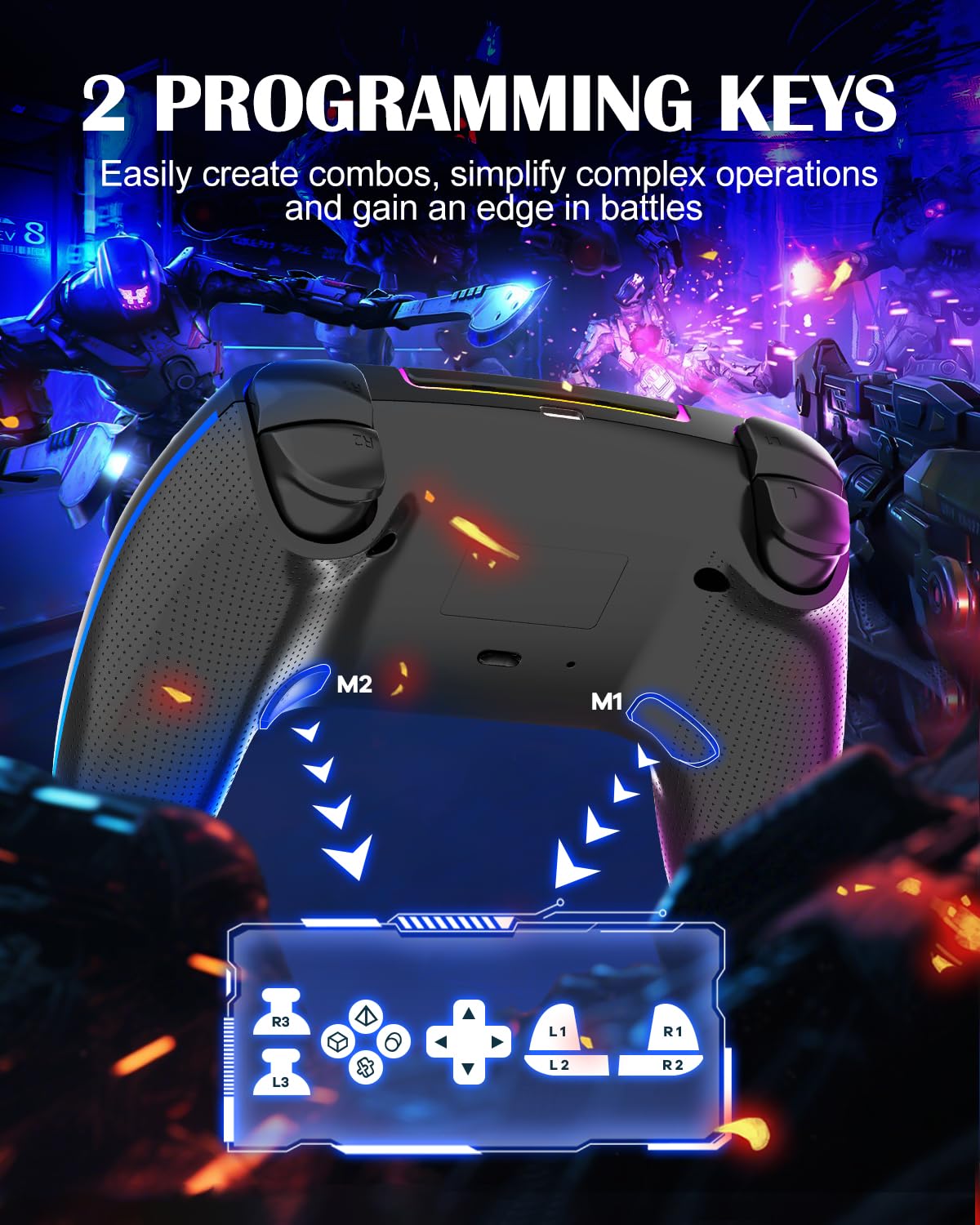 MYSTILUCK Controller Wireless per PS4/PS3/Pro/PC/MAC/iOS/Android/Steam Deck, Controllore con illuminazione RGB 7 Colori/Joystick Effect Hall/Doppia Vibrazione/Turbo/Jack Cuffie/Batteria 1500 mAh