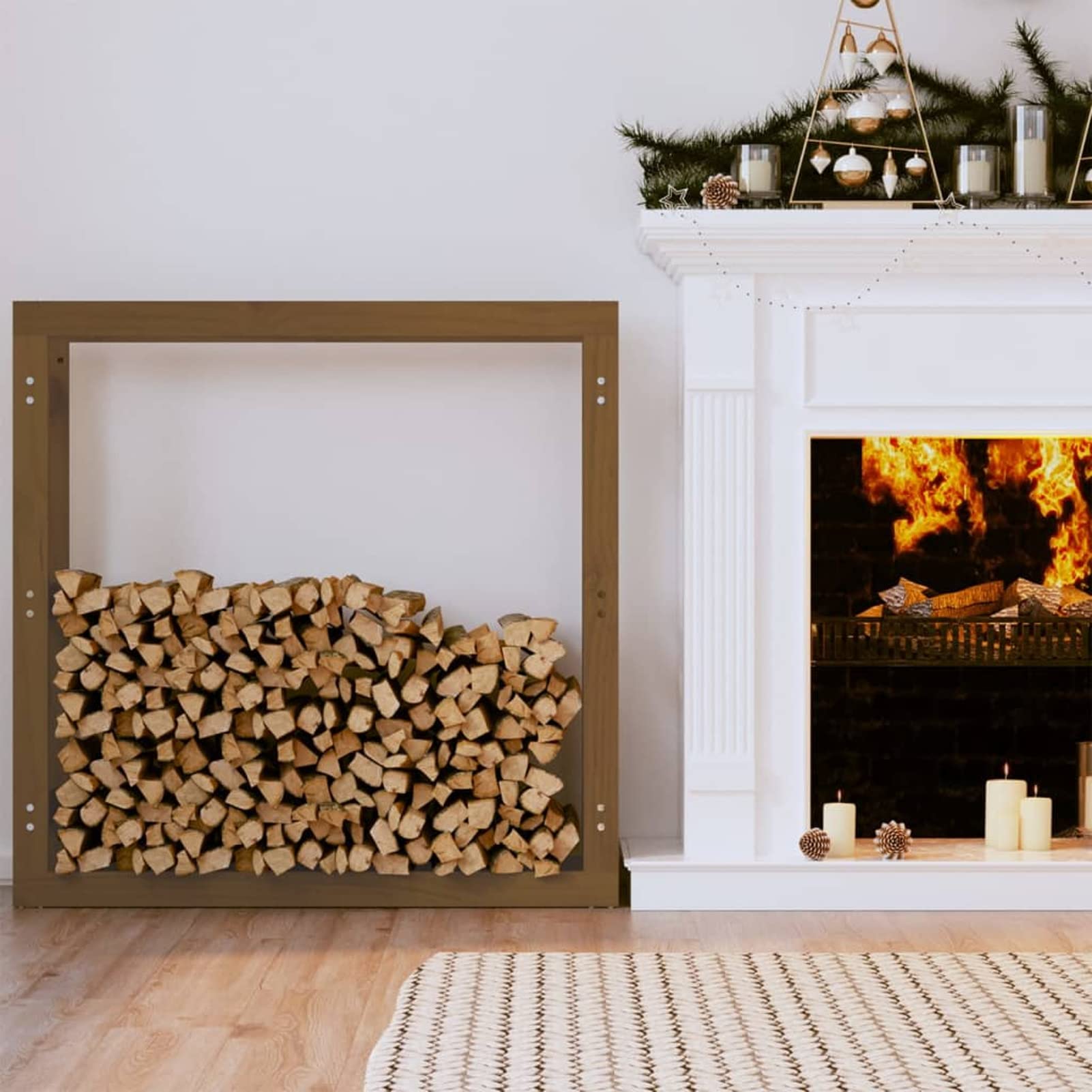 Homgoday Estante para leña Madera Maciza Pino marrón Miel 100x25x100 cm Leñera Registro de Leña, Estantería para leña de Chimenea para Interior y Exterior Soporte de Madera