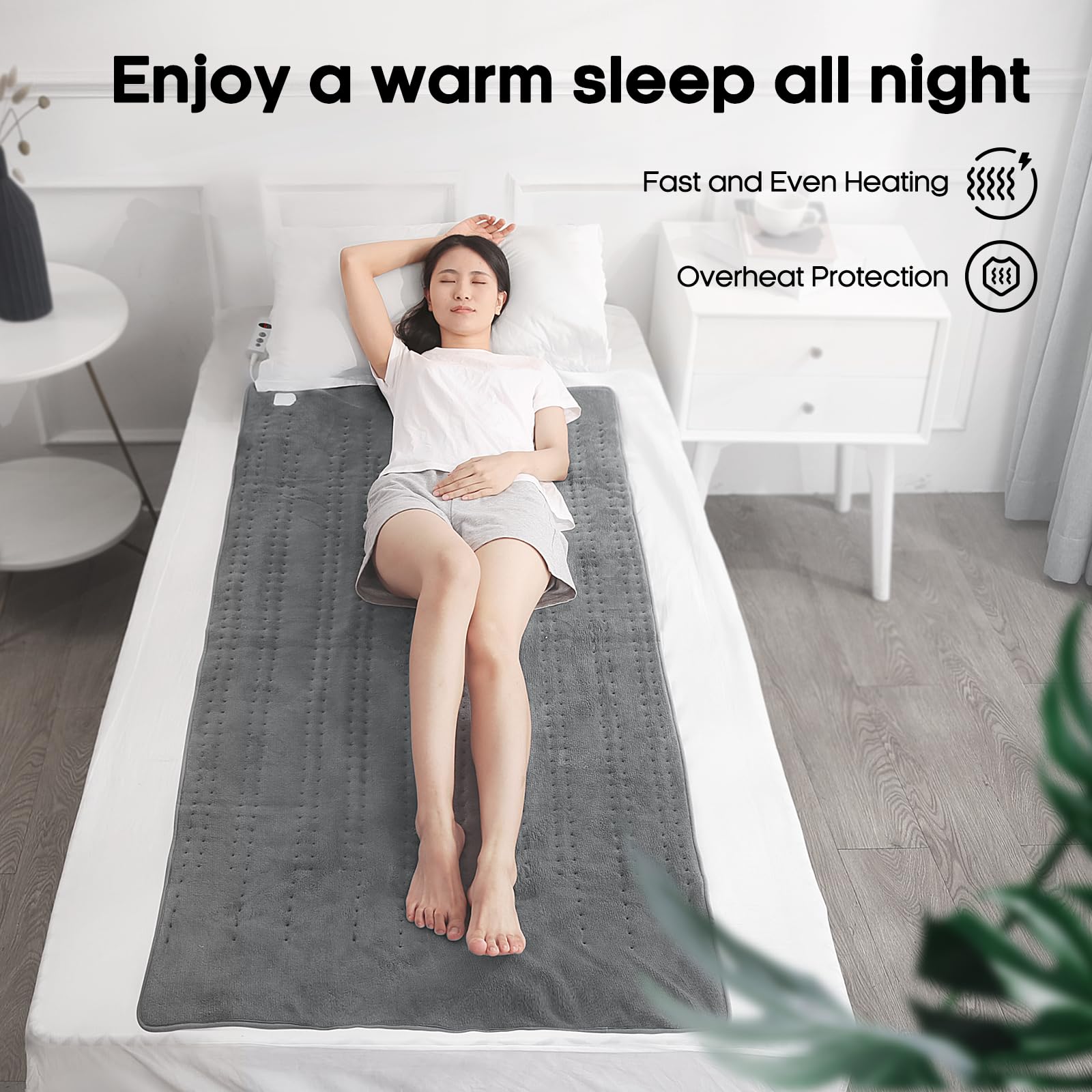 Wärmeunterbett 150 X 80 cm, Elektrisches Bettwärmer mit 10 Temperaturstufen und 1-9 Stunden Abschaltautomatik, Einfache Fixierung auf Bett und Matratze, Maschinenwaschbar (Hellgrau)