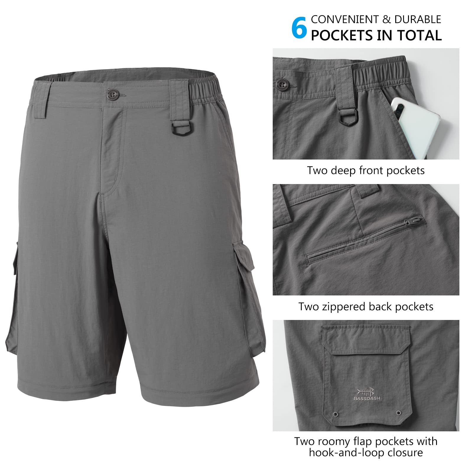Bassdash Pantalons de Randonnée Homme avec Fermeture éclair,Pantalon d'extérieur à Séchage Rapide Shorts,Résistant à l'eau Léger Protection Solaire UPF50+
