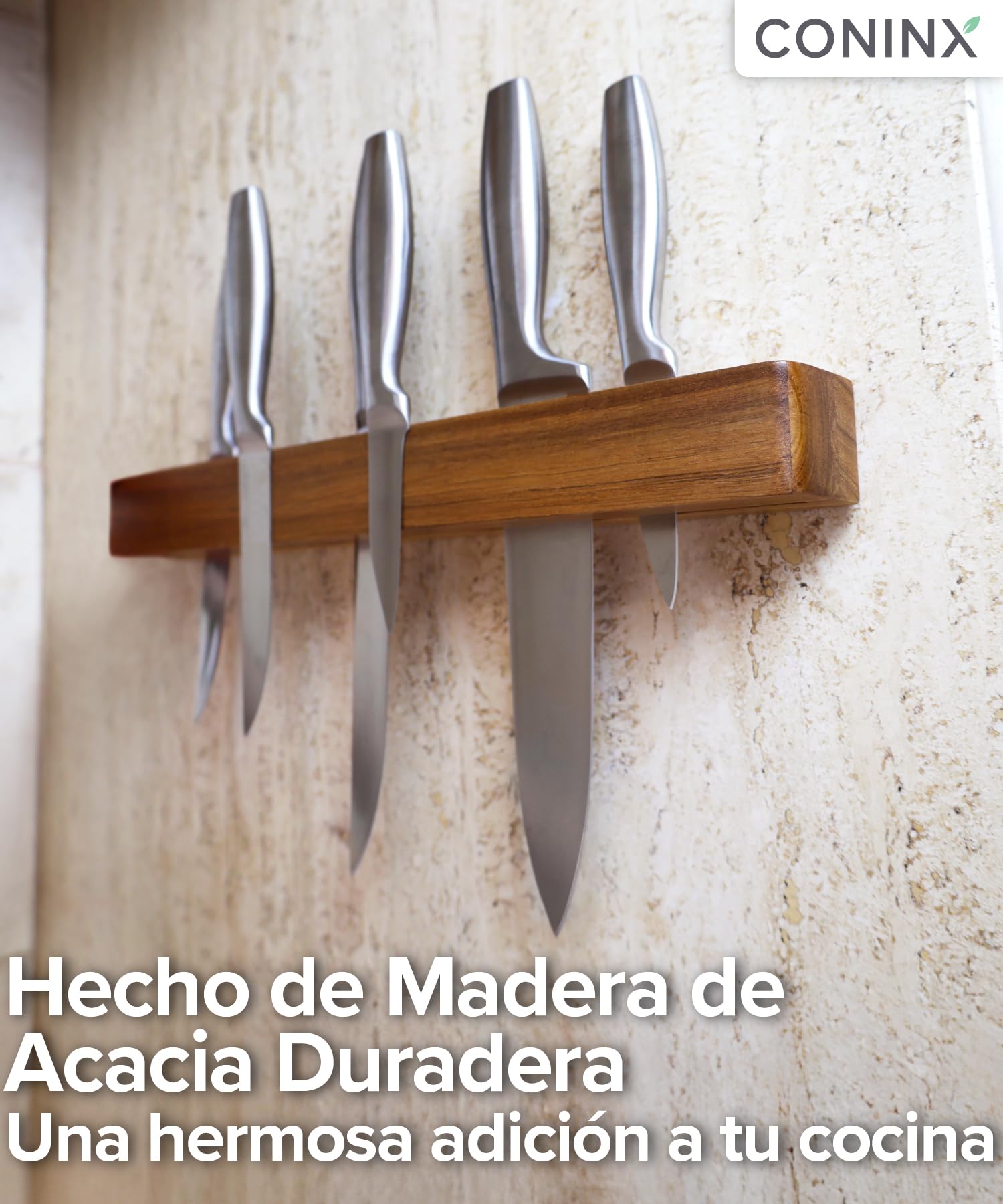 Coninx Barra magnética de pared doble imán de madera de acacia - 40 cm portacuchillos con tornillos y tacos - Carril imán potente para utensilios de cocina elegante y ahorro de espacio