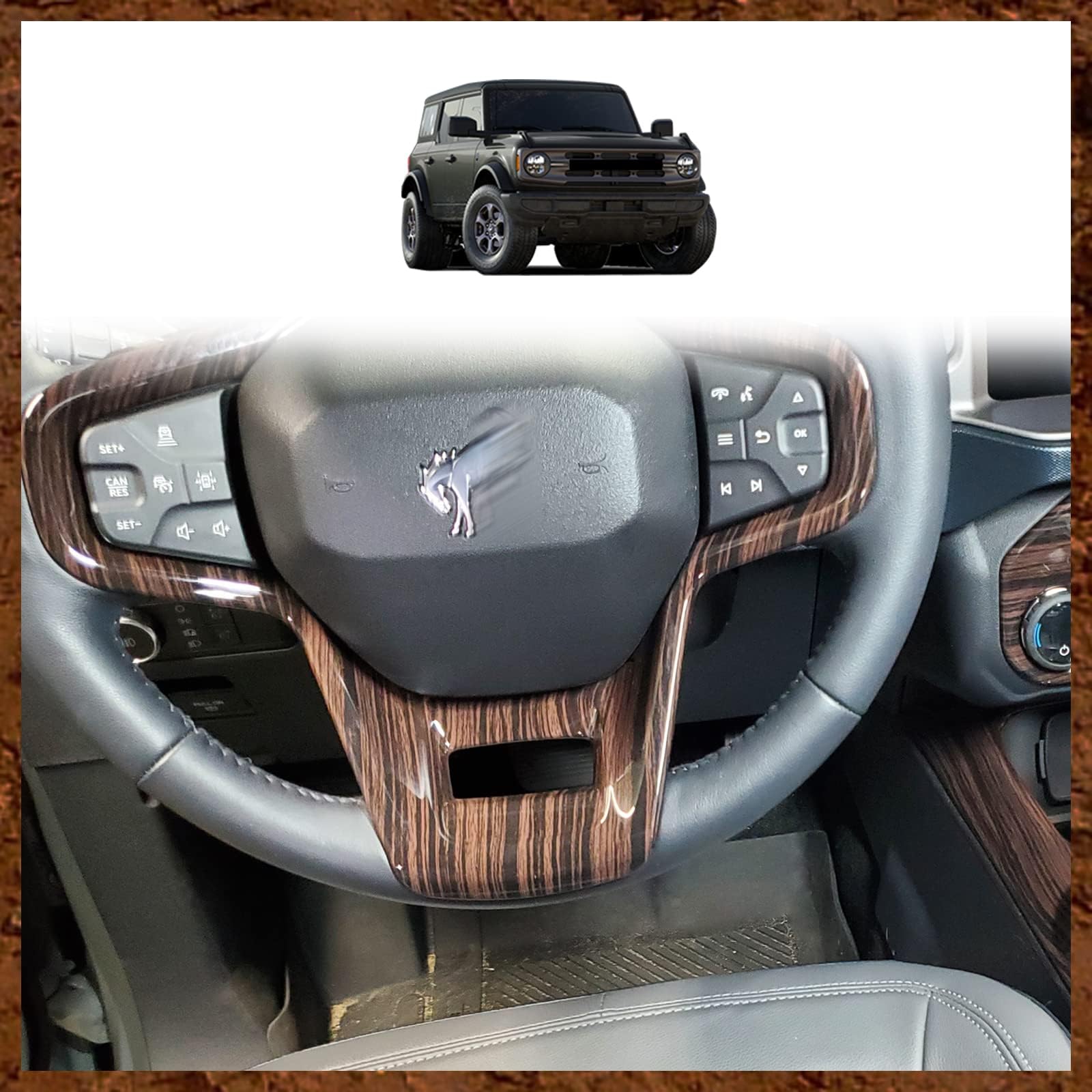 Muslogy Compatible with Ford Bronco 4 Door Set of 9 Interior Modification Accessories Gear Shift Panel Inner Door Handle Bowl Cover Steering Wheel Cover for Bronco 2021-2024 (Dark Wood Grain_Glossy)