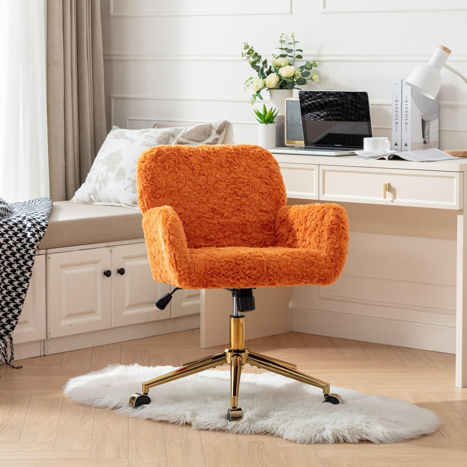 Orange Plush Vantiy Desk Chair, Comfy Fuzzy Upholstery Office Arm Chair with Wheels, Cute Swivel Rolling Makeup Chairs for Teens,Girls,Women, Adjustable Height Desk Chairs
