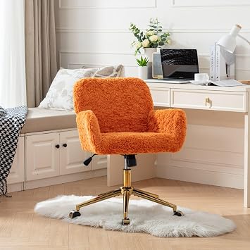 Orange Plush Vantiy Desk Chair, Comfy Fuzzy Upholstery Office Arm Chair with Wheels, Cute Swivel Rolling Makeup Chairs for Teens,Girls,Women, Adjustable Height Desk Chairs