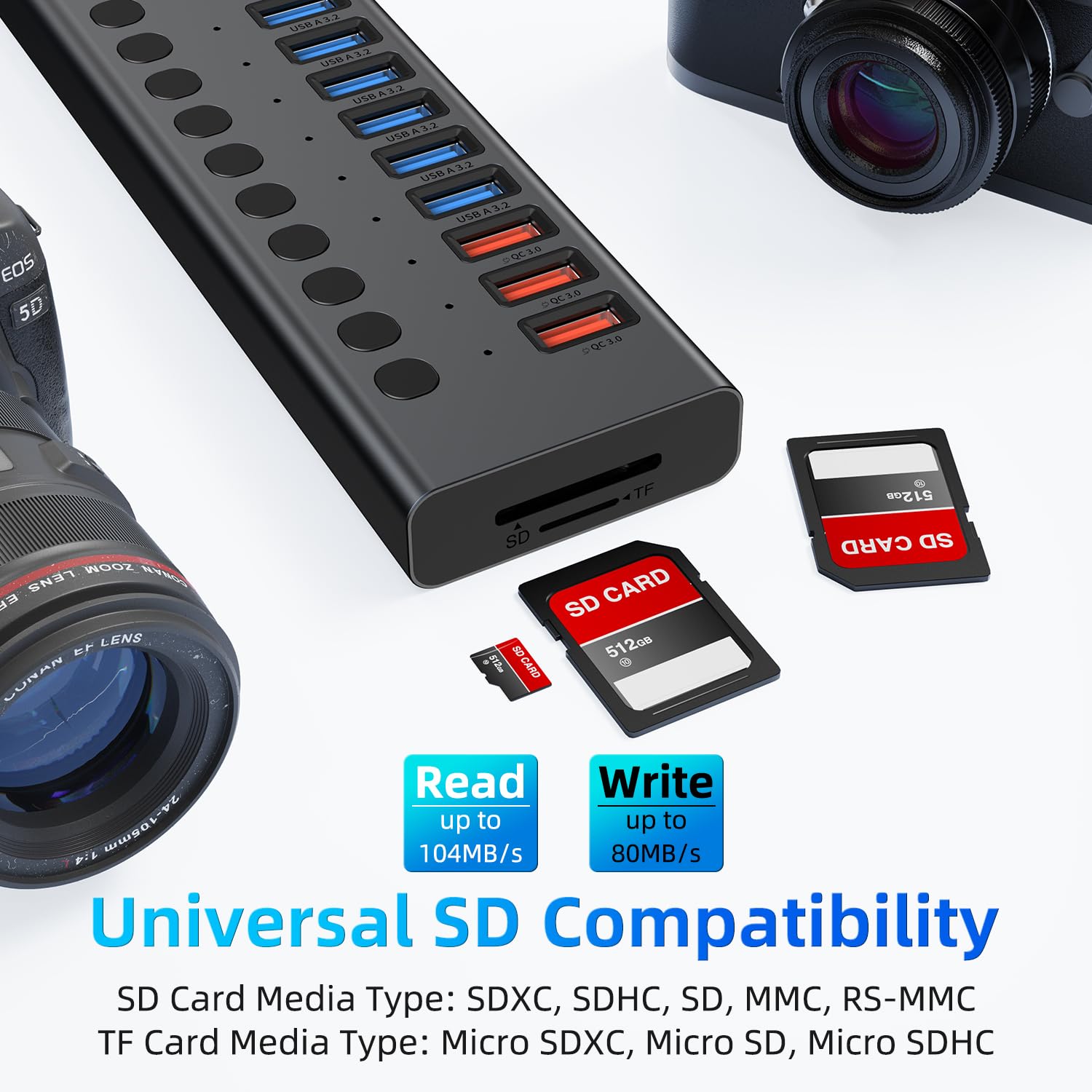 VANGREE Hub USB 3.0 Hub de 17 puertos 90 W (10 puertos USB 3.0 + 3 puertos de carga rápida QC24W + 2 puertos USB-C 3.0 + lector de tarjetas SD/TF), interruptores individuales de encendido/apagado