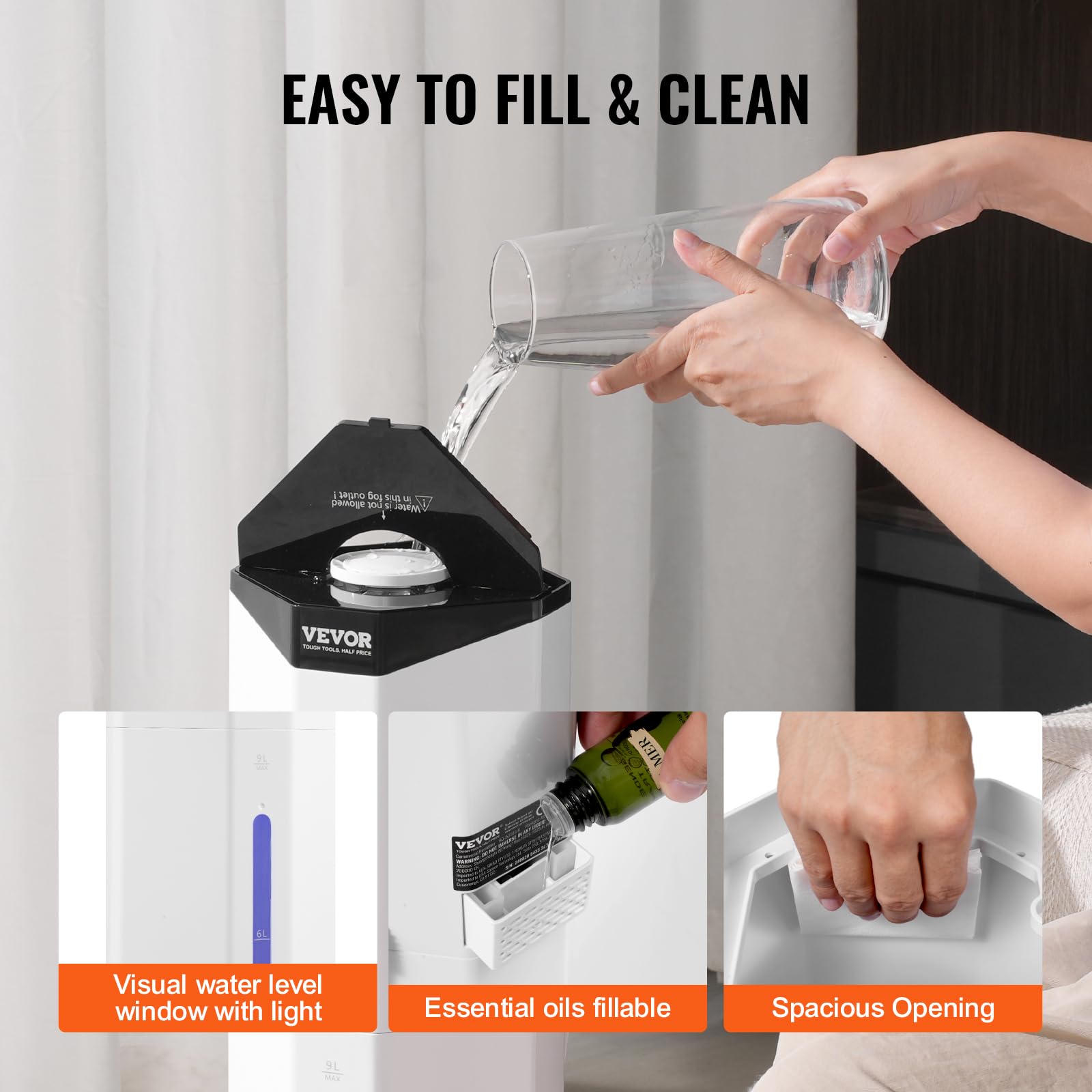 VEVOR Humidificateur Commercial Industriel 40 m², 300 mL/h, Réservoir Eau 9 L, Brume Fraiche, Recharge par le Haut, avec Pulvérisation Rotative Automatique, pour Toute la Maison, Serre, Plante, Bureau