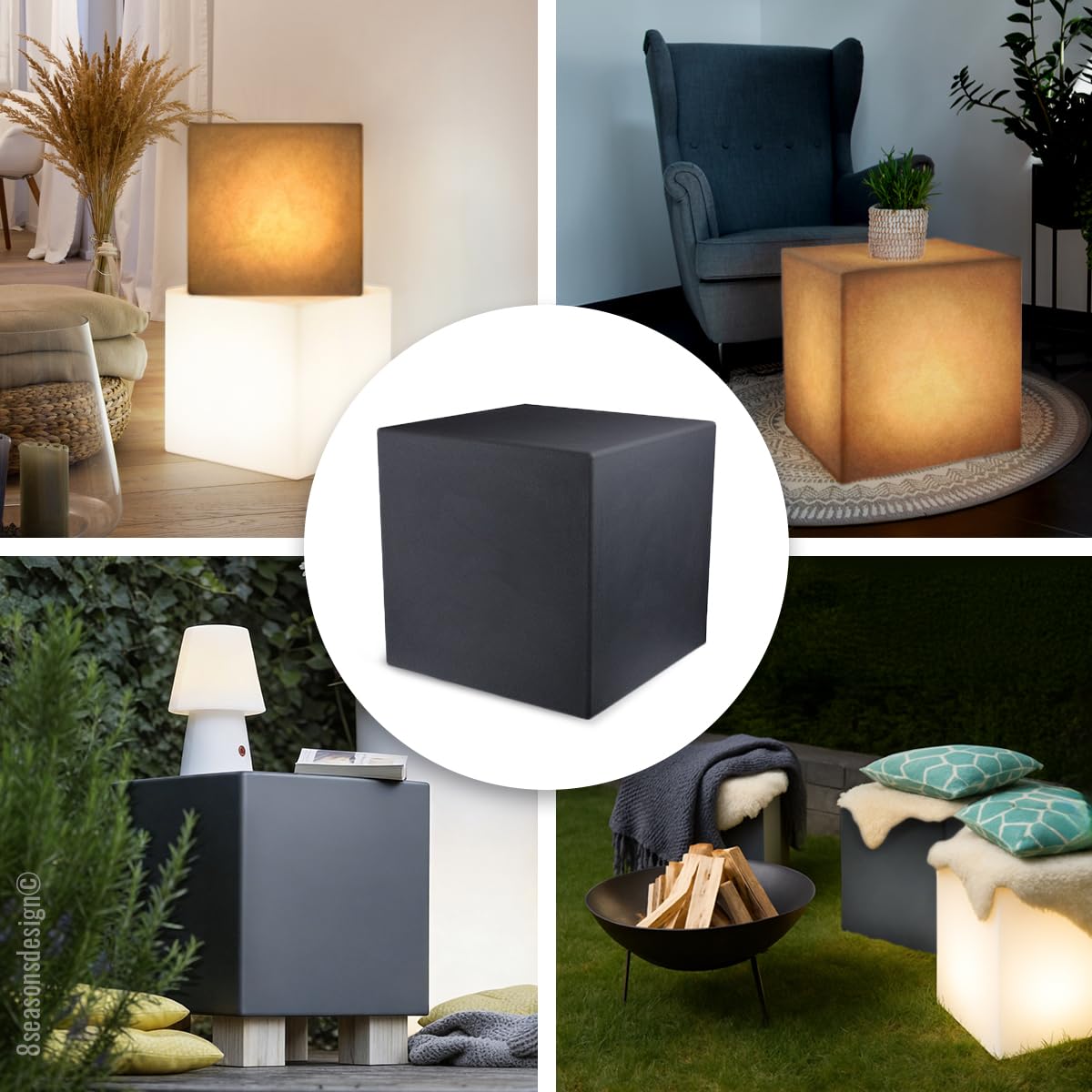 8 seasons design LED Würfel 33 cm, Shining Cube (Anthrazit) E27-Fassung, Leuchtmittel warmweiß – wetterfest – Leuchtwürfel für außen (Garten, Terrasse, Balkon) und innen – Beistelltisch, Hocker