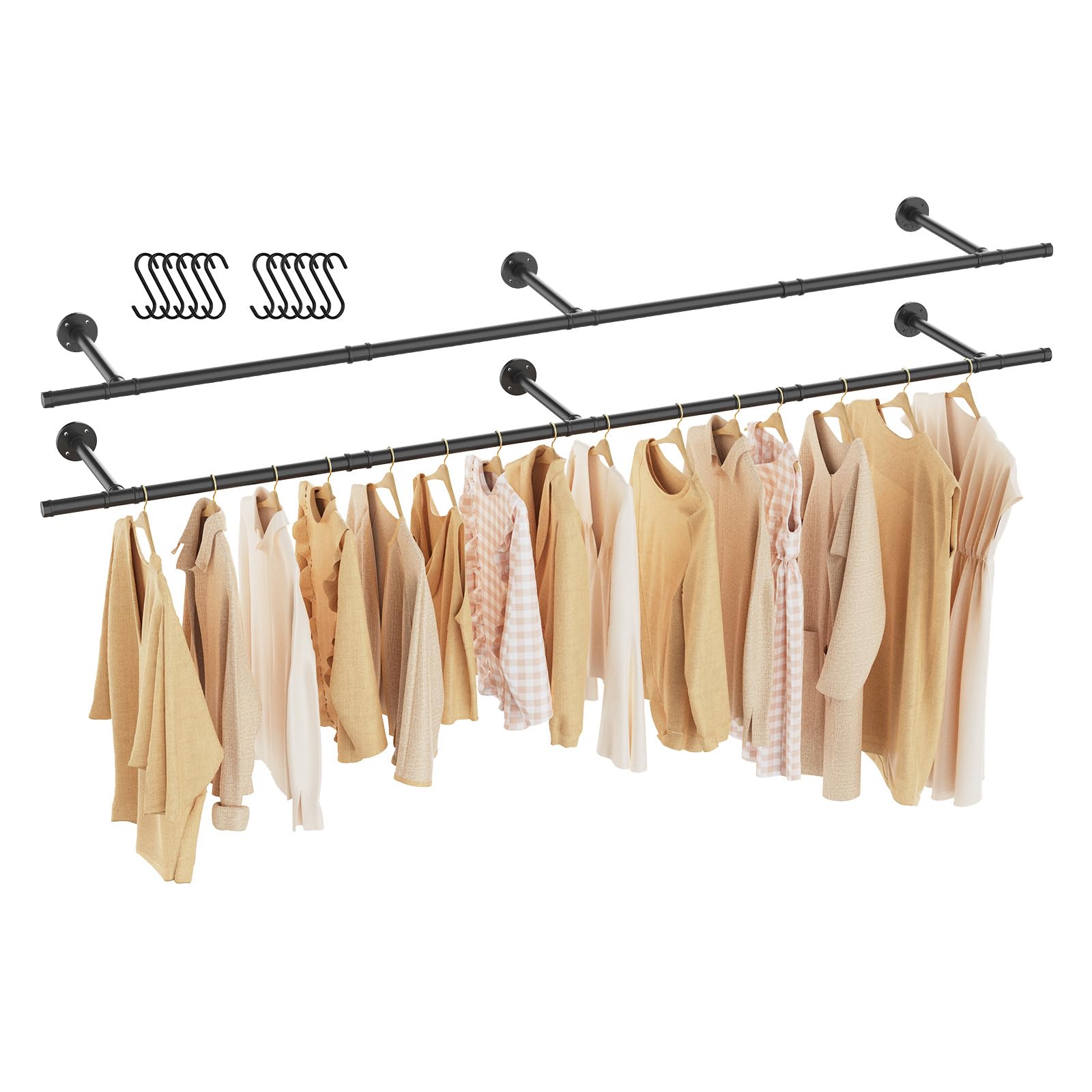 Perchero de Pared Industrial, Metal Removible Vestidor Abierto, Con 3 Bases Para Colgar Ropa, Adecuado Para Dormitorio, Sala De Estar, Armario, 211 cm, 2 Pack, Negro, SG211B-2