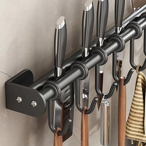 Miniatura 3 de Moderno estante para utensilios de cocina, barra colgante de pared negra con 6 ganchos móviles, organizador de almacenamiento de metal de 15.75