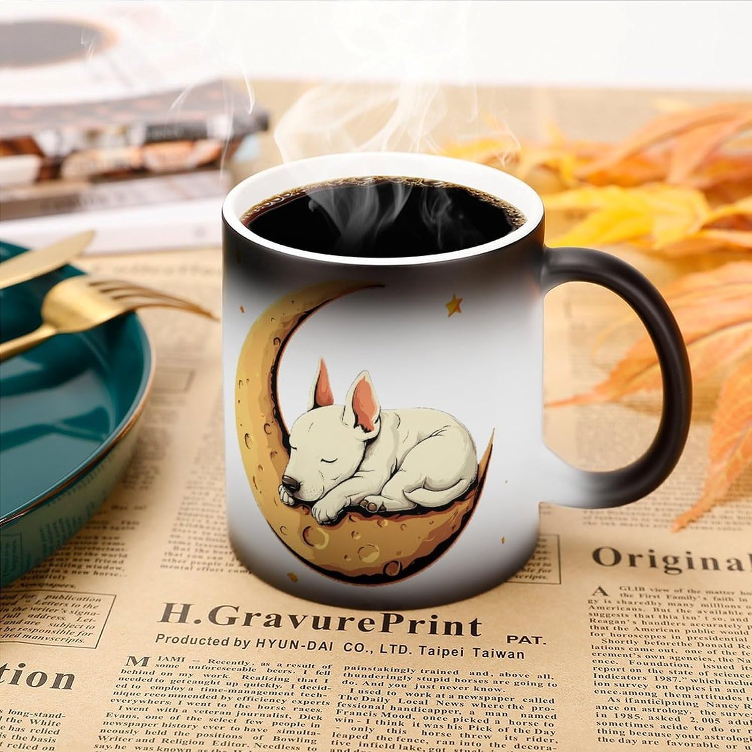 Bull Terrier Dog Sleeping on The Moon Color Changing Mug Heated Ceramic Cup Heat Sensitive Coffee Mug Fun Gift