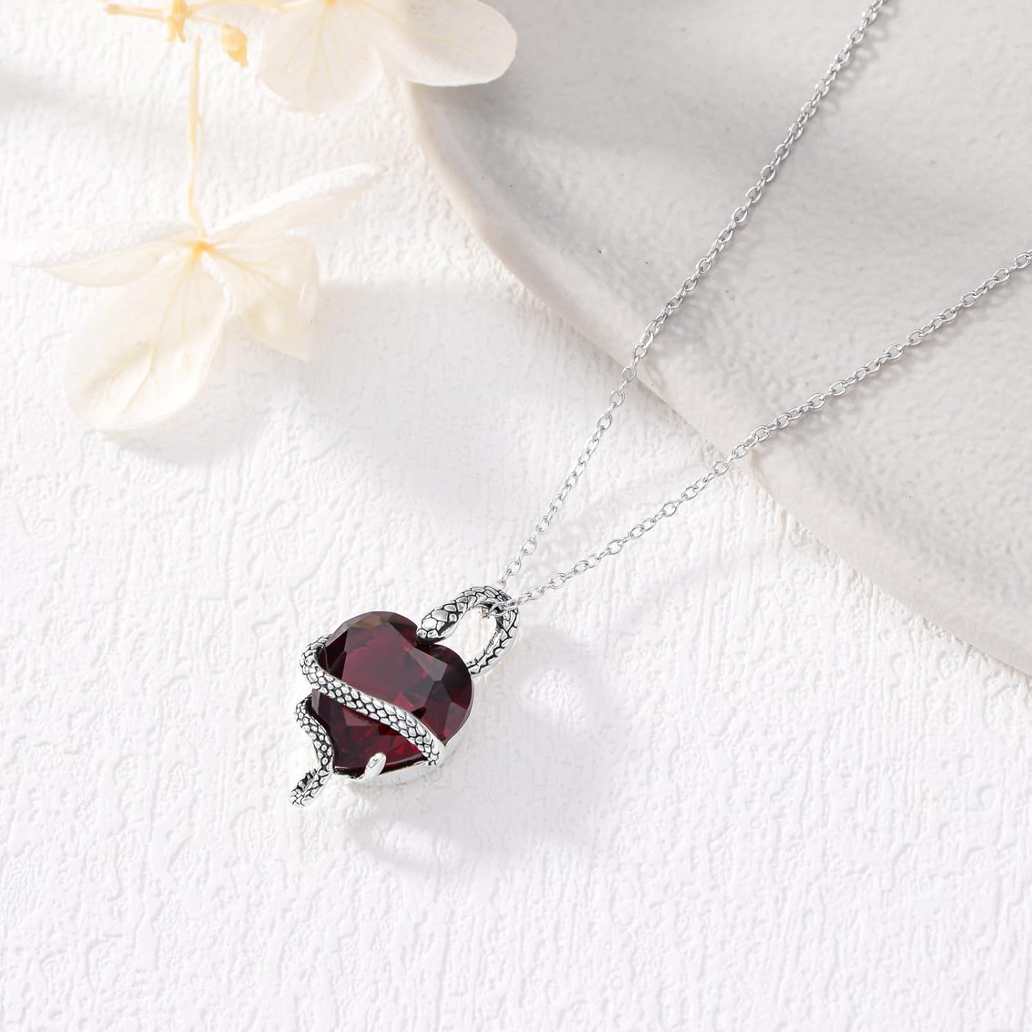 Snake Necklace 925 Sterling Silver Vintage Snake with Heart Cut Birthstone Pendant Necklace for Women - Image 3