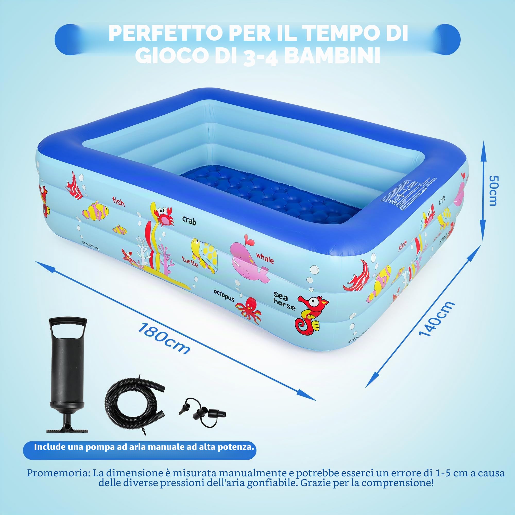 Piscina gonfiabile con pompa, 180 x 140 x 50 cm, rettangolare, in PVC resistente, facile da installare, kit di riparazione incluso, per divertimento estivo in famiglia all'aperto