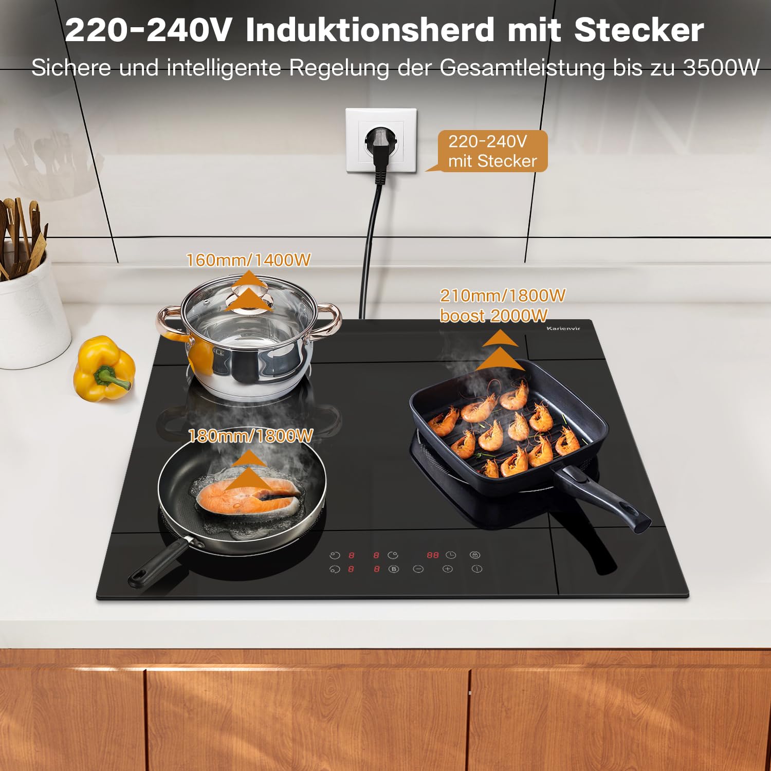 Induktionskochfeld 3 Platten, 60cm Induktionsherd mit Boost | 3500W, 9 Leistungsstufen, Touch-Bedienung, Eingebauter, Sicherheitssperre, Stecker, Timer, Hinweis zur Restwärme