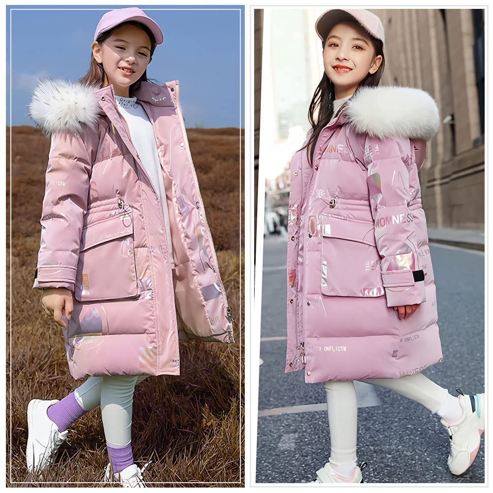 Dziewczęca długa kurtka puchowa z dużym futrzanym kołnierzem, ciepła kurtka zimowa, pogrubiona parka z kapturem, piękna kurtka outdoorowa z napisem, Rosa, 116 cm