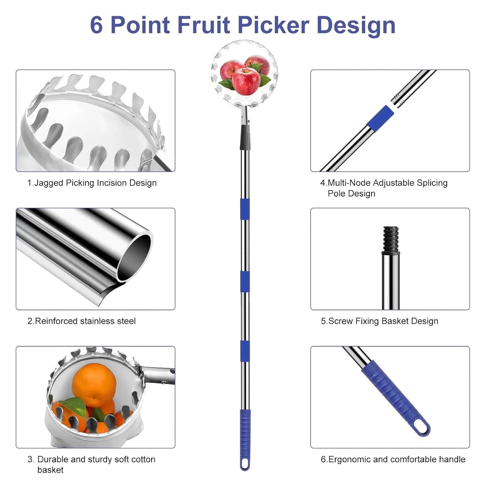 Obstpflücker, Vlieskorb-Pflückstange, blau, 2,4 m, verstellbar, tragbar, Obstpflücker