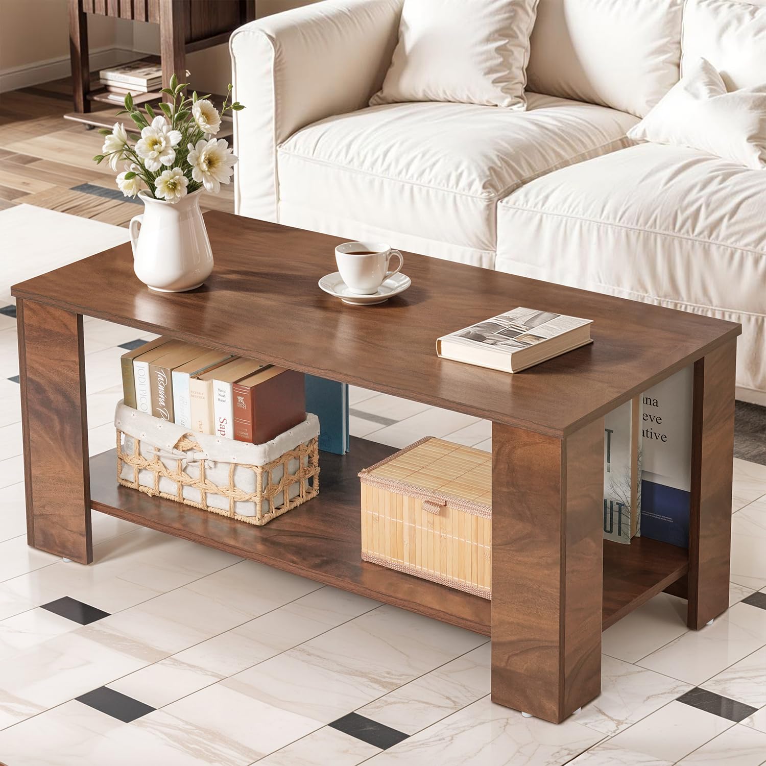 ABOUT SPACE Coffee Table - Portable Wooden Centre Table with Storage, Open Rack & Corner Baffles - Furniture - Sofa/Tea/Teapoy for Living Room, Home, Office (Walnut - L 90 x B 50 x H 42.5 cm)-image-24