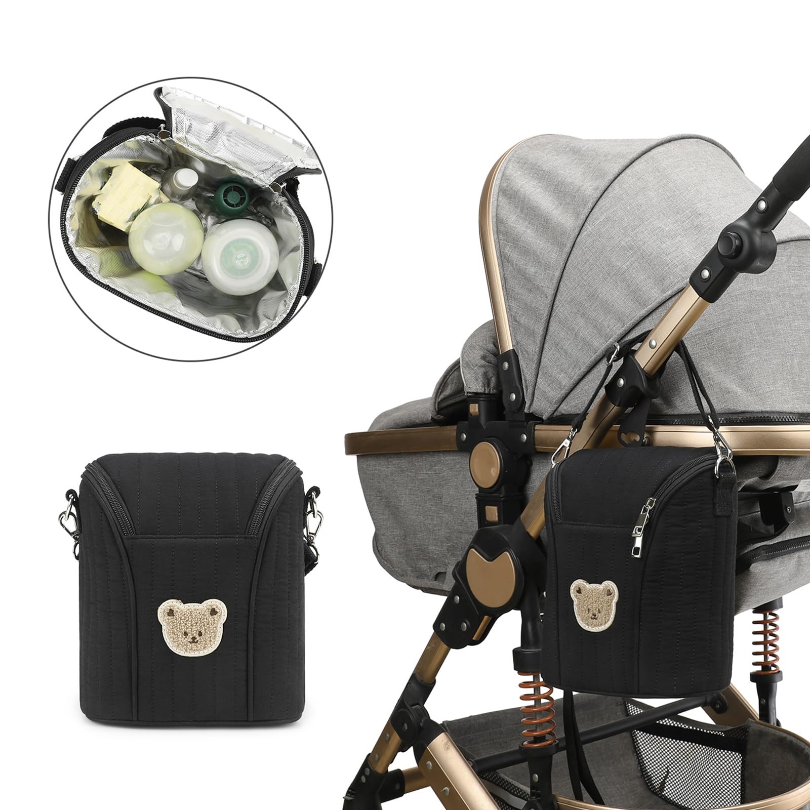 Niedliche Bären-Kühltasche for Babyflaschen, wiederverwendbar, isoliert | Wiederverwendbare isolierte Babyflaschentasche aus Baumwolle mit abnehmbarer Schnalle for Babys