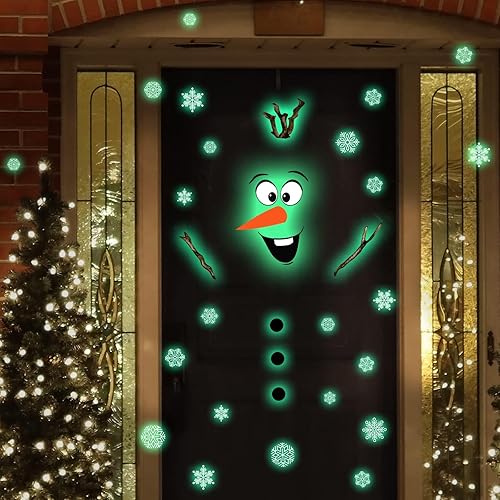 Adhesivo decorativo para puerta de muñeco de nieve de Navidad que brilla en la oscuridad para invierno Navidad muñeco de nieve se adhiere a la