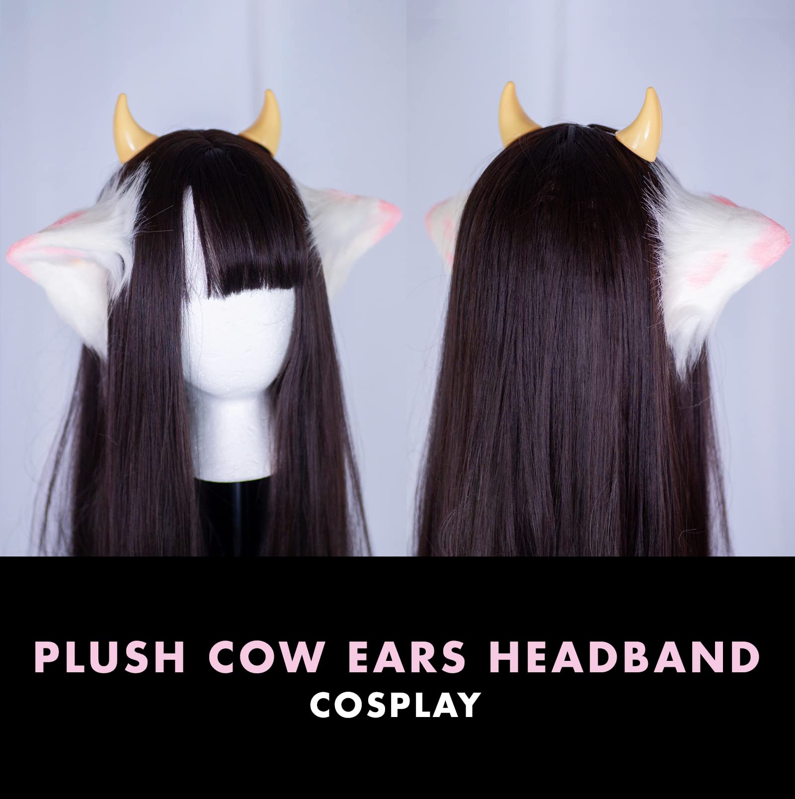 MOEFLAVOR Anime Plush Cow Ears Fur Headband with Devil Horns | Matches Any Kawaii Lingerie Costume for Sexy Cosplay: Pink