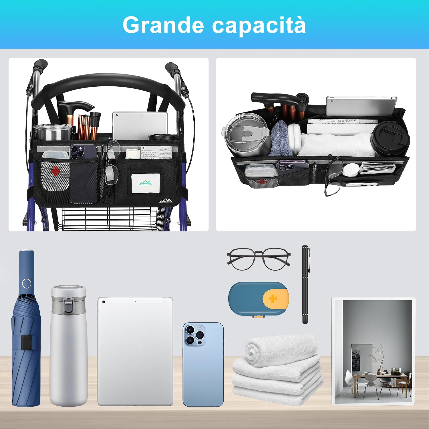 supregear Cestino Rollator, Grande Capacità Organizzatore Borsa con Svariate Tasche, Borsa di Stoccaggio Pieghevole Universale Impermeabile, Accessori per Rollator per Anziani, Nero