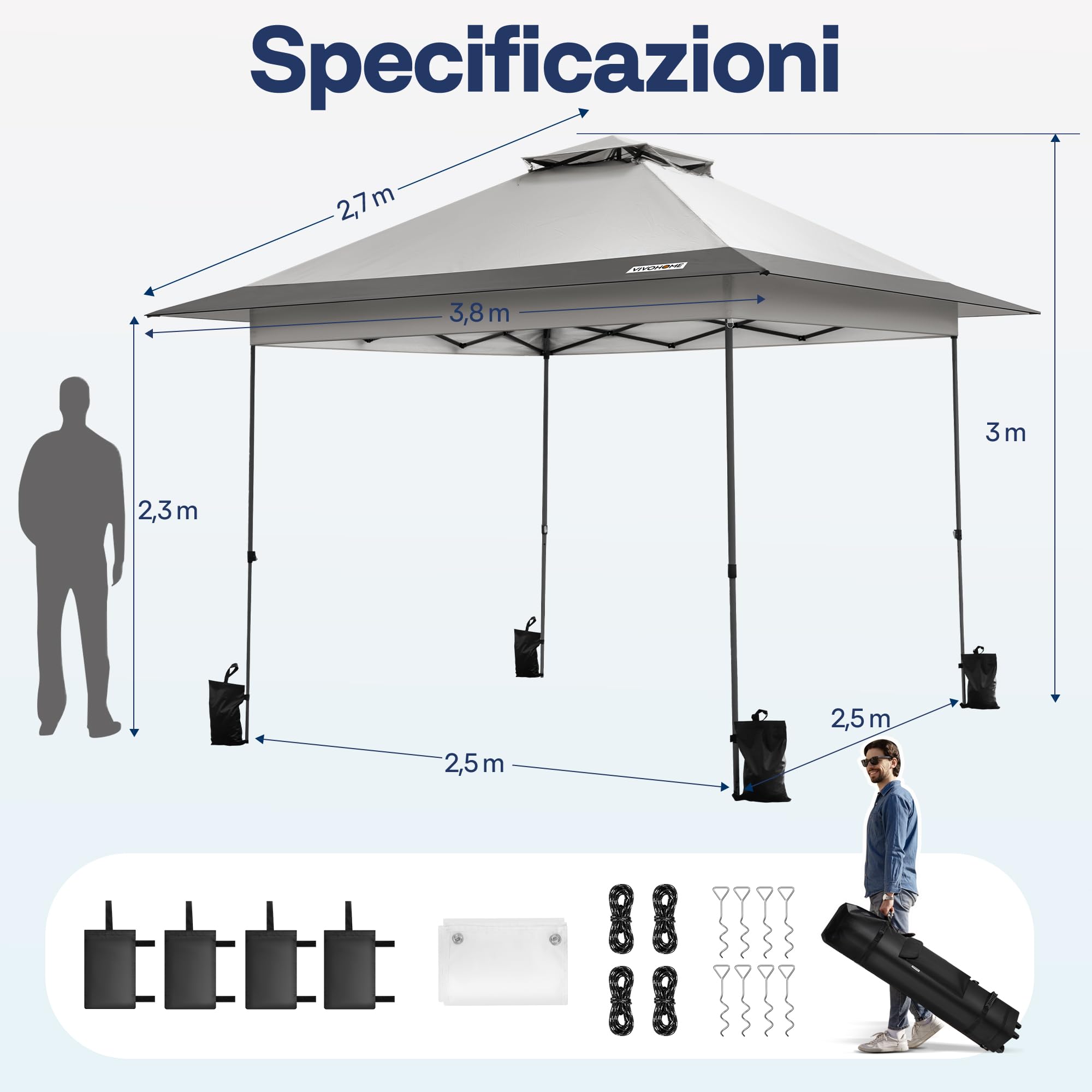 VIVOHOME Baldacchino Pop-up per Esterni, 3,8x3,8m Tetto a 2 Livelli con Borsa da Trasporto a Ruote e 4 Sacchetti di Sabbia Grigio