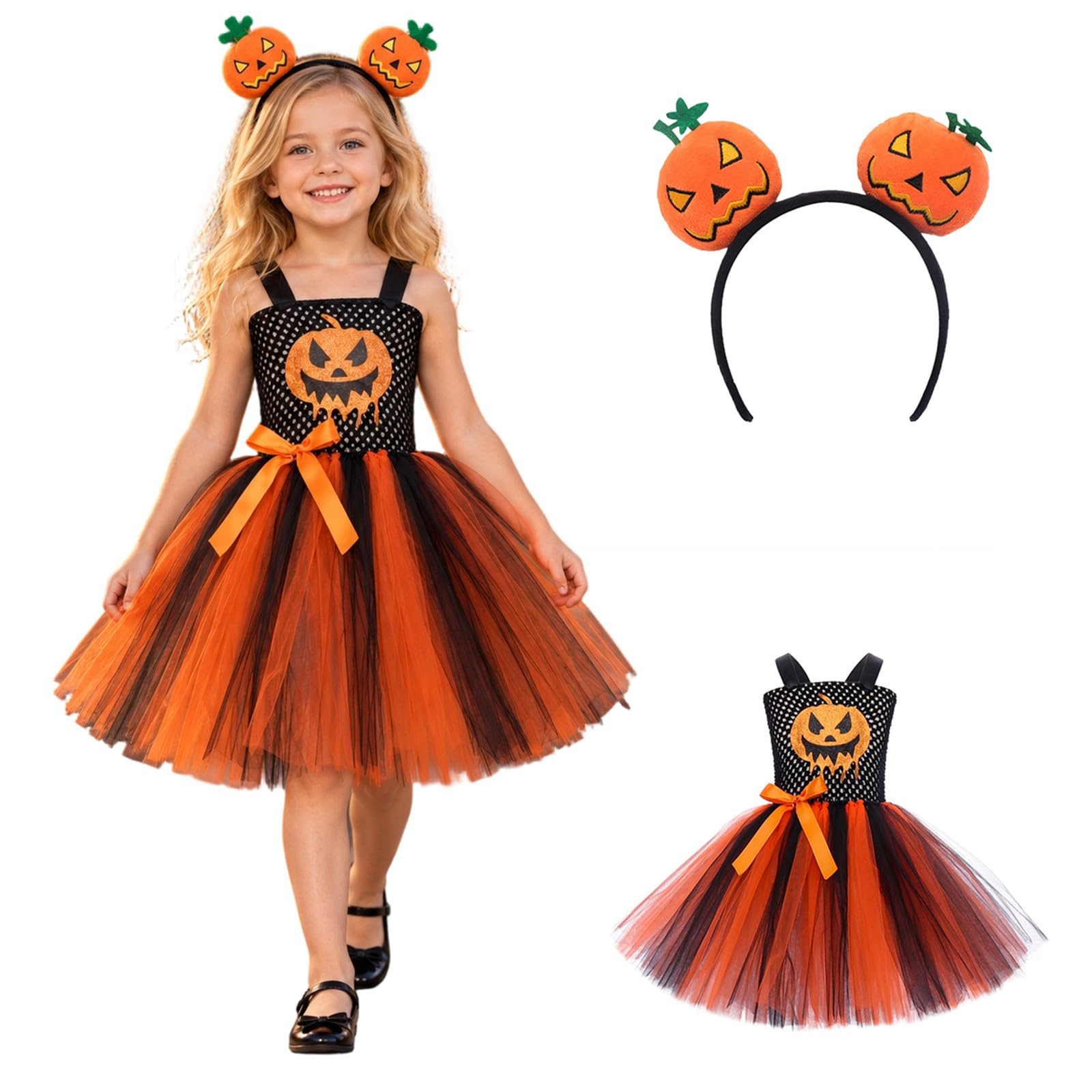 Kids Girls Halloween Pumpkin Costume Fancy Dress 3 Piece Tutu Outfits