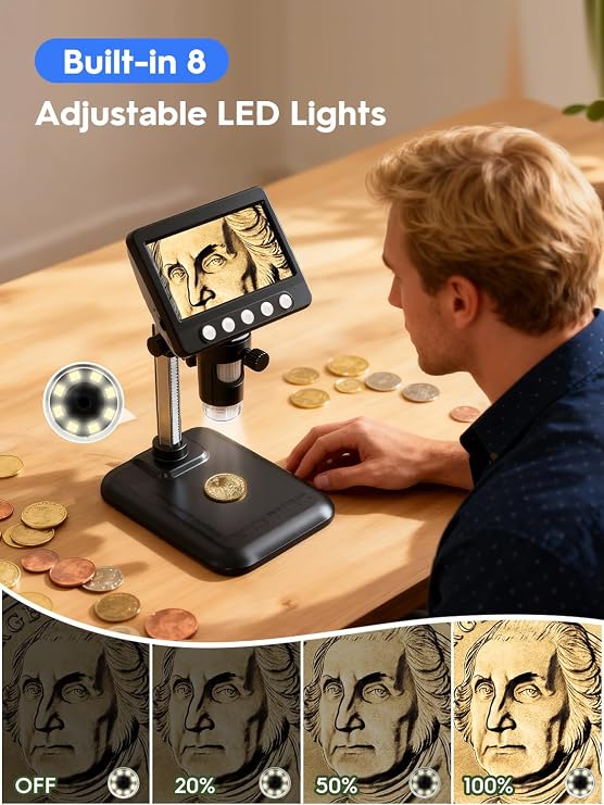مجهر العملات المعدنية، مجهر رقمي LCD USB مقاس 4.3 بوصة، مكبر عملات معدنية 1000X مع 8 مصابيح LED قابلة للتعديل، عرض كمبيوتر 1080 بكسل متوافق مع Windows/MacBook للبالغين والأطفال