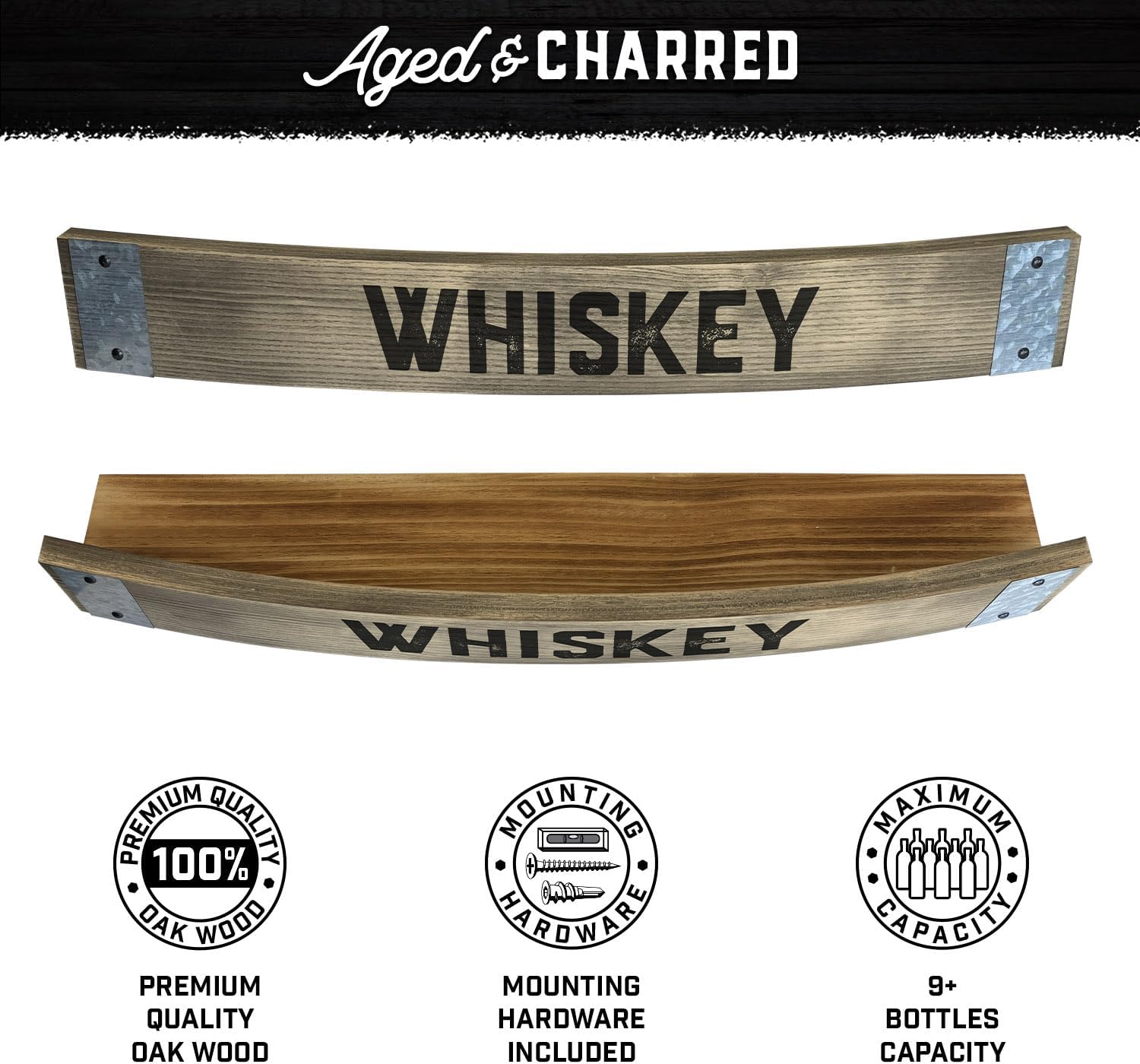 Aged & Charred Whiskey Barrel Shelf - Wall Mounted Whiskey Wooden Display Rack, Oak Barrel Shelves - Whiskey Gifts for Men