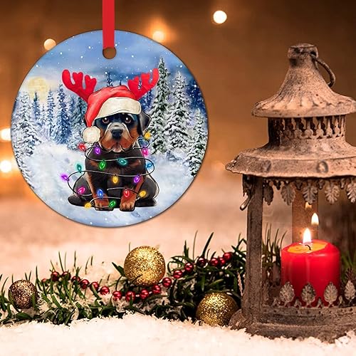 Miniatura 10 de Adornos colgantes de árbol de Navidad para perro, cuernos de reno rojo, adornos redondos de cerámica para decoraciones de Navidad, decoraciones de