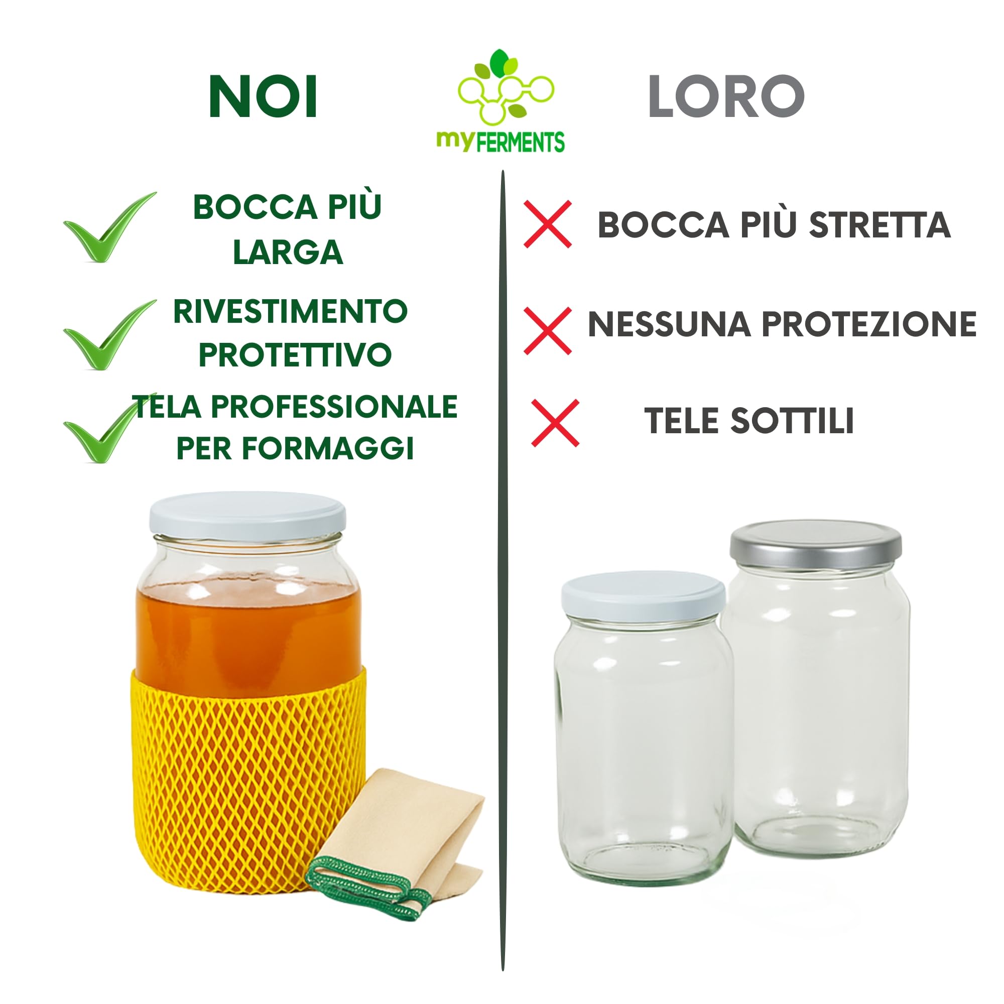 myFERMENTS - Barattoli di Vetro 2L per Fermentazione | Vasetti Ermetici con Coperchio per Alimenti | Ideali per Kefir, Kombucha, Sottaceti | Bocca Larga, Trasparenti, Vetro