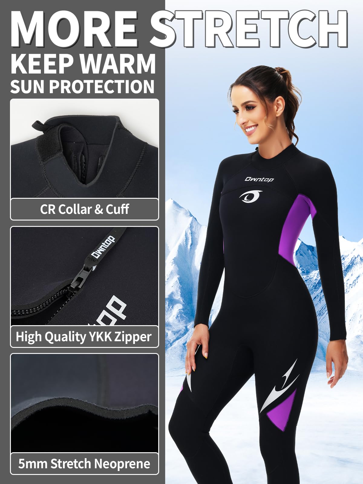 Owntop Muta da 5 mm per uomo e donna, in neoprene, con cerniera posteriore, per adulti, lunghezza intera, termica, flessibile, per immersioni in acqua fredda, surf
