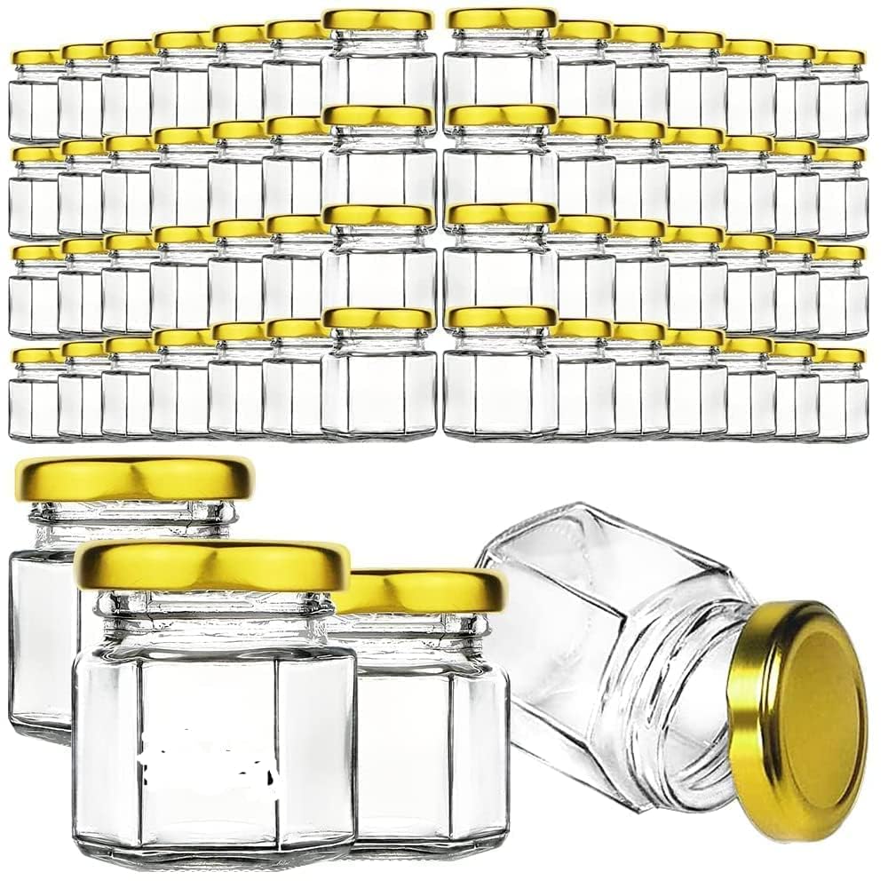 JARXCOS Hexagon Glass Jar with Gold Airtight Lid, Small Mason Jars for Wedding, Party Favors, Shower Favors, Baby Food, spices, Honey, Canning, Herbs (Set of 12, 50 ML)