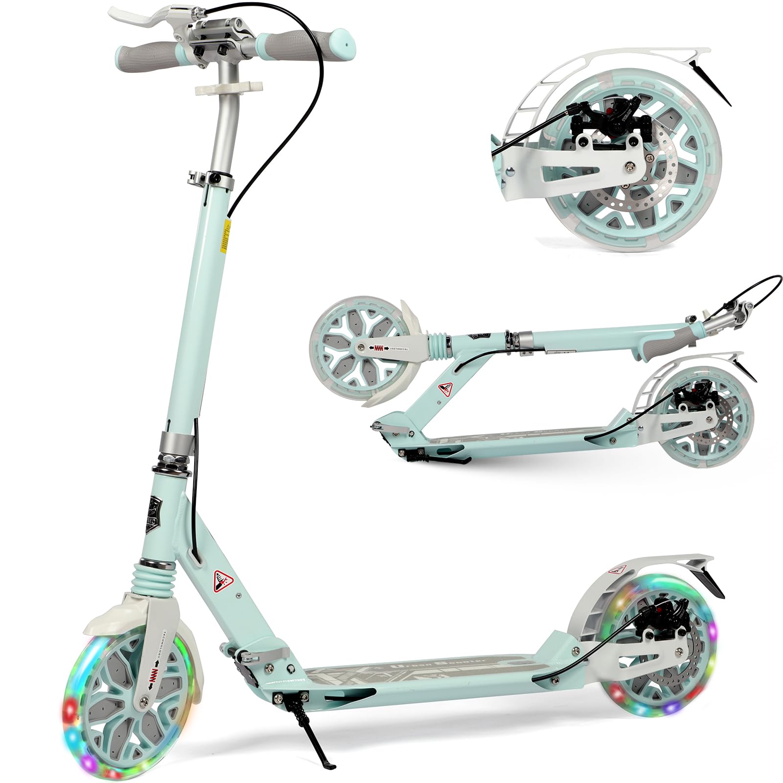 H.yeed Kick Scooter for Kids Ages 8-12, 200mm Big Wheels for Adults with Disc Brakes, Adult Scooter with Carry Strap and Double Shock Absorption, Foldable Scooters for Teenagers 15 (LED - Green)
