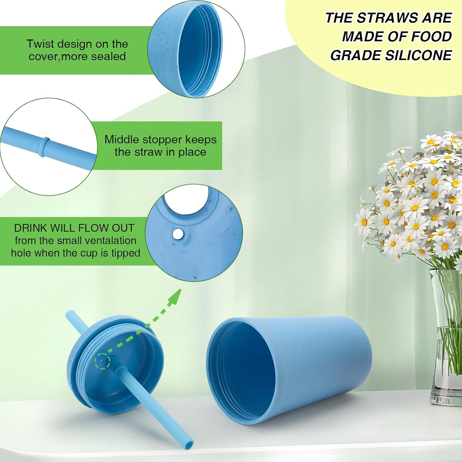 10 oz Wheat Straw Cups with Lids and Silicone Straws, Unbreakable Drinking Glasses, Plastic Cups for Kitchen, Small Tumbler Cups with Cleaning Brush, BPA Free, Dishwasher & Microwave Safe, 6 Pack - Image 6