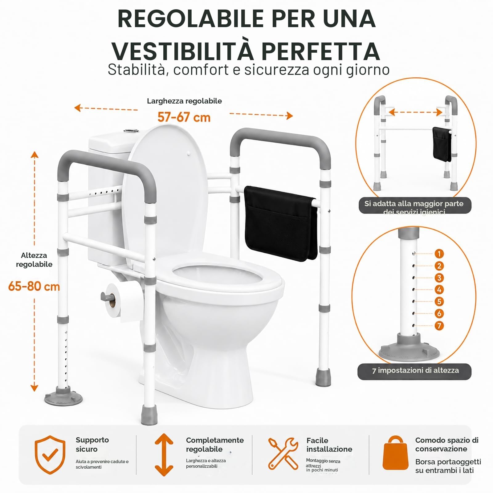 Supporto wc per anziani,Telaio per WC per disabili e anziani,Altezza e larghezza regolabili