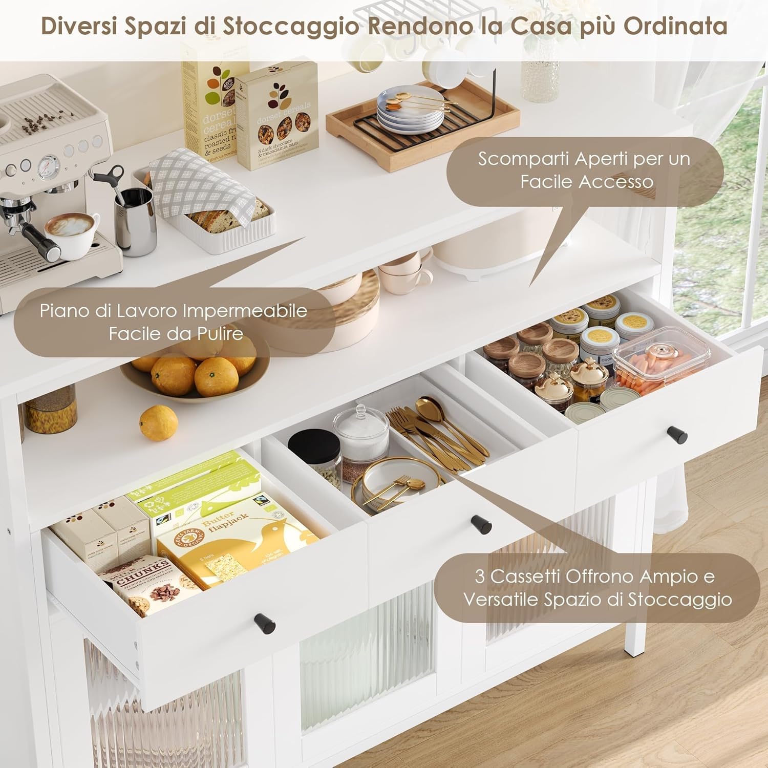FirFurd Credenza Cucina,Mobile Cucina con 3 Cassetti e 3 Ante Bianco | Dispensa Cucina con Ante Vetro Temperato｜Credenza Soggiorno a Ripiani Regolabili｜per Sala da Pranzo, Soggiorno｜108x38x98,5 cm