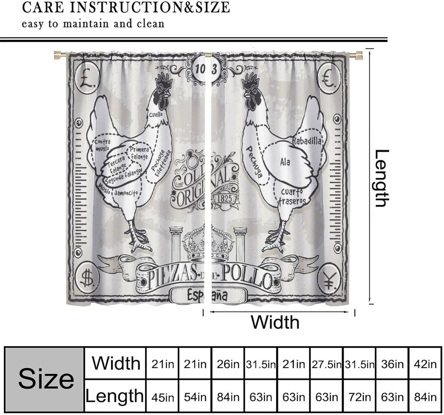 Farmhouse Curtains, Vintage Butcher Blackboard Cut of Chicken Meat Retro Menu Print for Room Window Decor, Rod Pocket Blackout Drapes for Living Room Bedroom Kitchen 2 Panel Set 21" W X 45" L