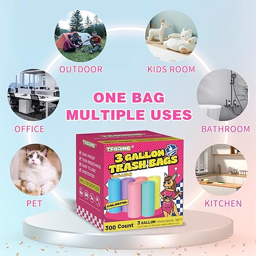 Miniatura 6 de T.FORING Bolsas de basura de 1 a 3 galones  300 bolsas de basura pequeñas sin perfume para baño, dormitorio, oficina y automóvil, colorido, fuerte y