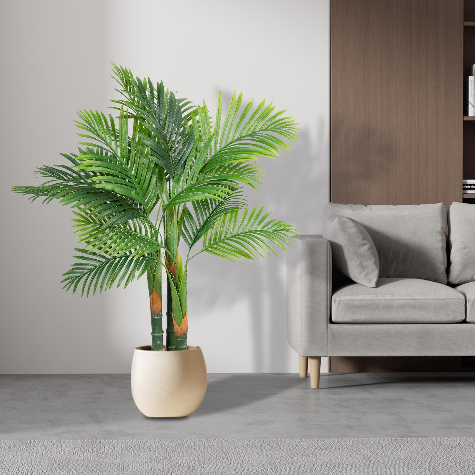 4FT Artificial Golden Cane Palm Tree 2Pack 15Leaves Faux Triple Tropical Palm Plants with Pot for Gift Home Office Decor Green