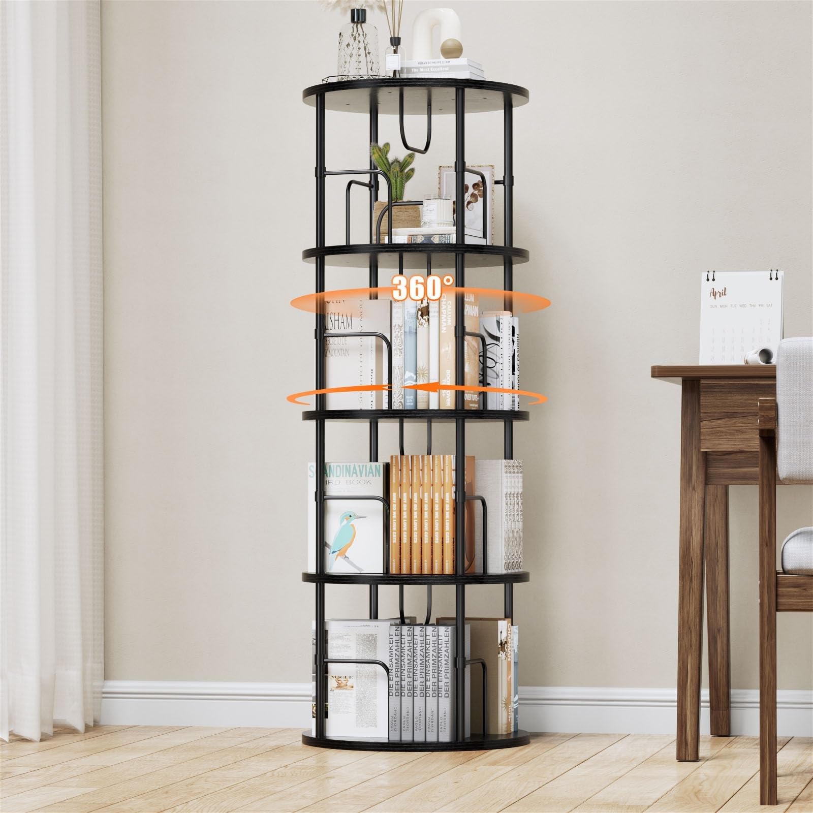 ALLSTAND Rotating Bookshelf, 4 Tier Spinning Bookshelf Tower, 360° Display Round Bookcase, Floor Standing Corner Revolving Bookshelf Organizer Storage