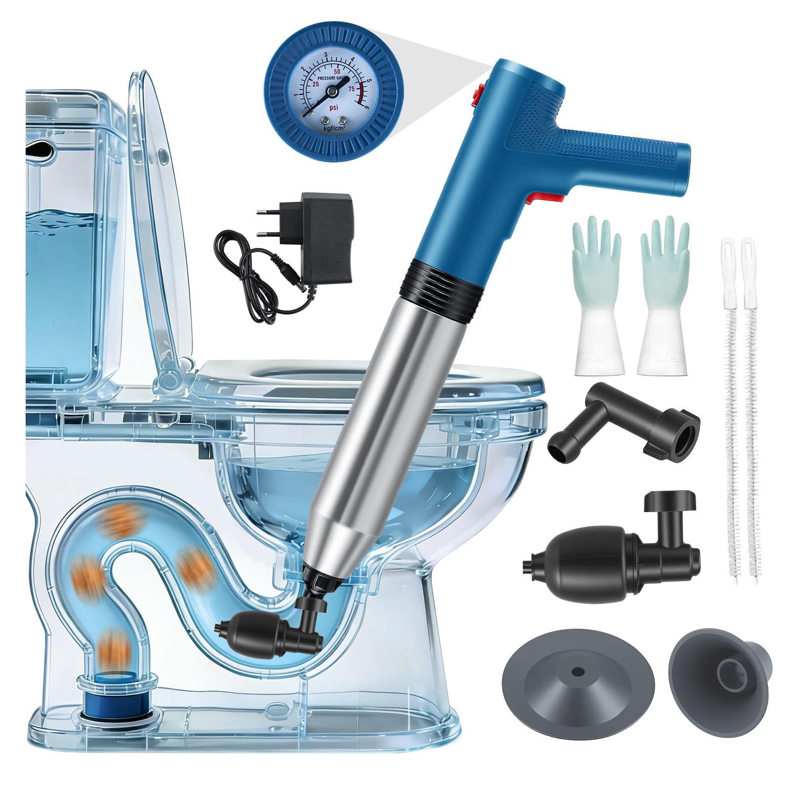 Rohrreiniger Druckluft, 4 in 1 Pömpel Toilette, Abflussreiniger Pumpe, Pressluft Rohrreiniger mit Luftdruckanzeige, für Waschbecken, Bodenablauf, Badezimmer, Toiletten, Dusche