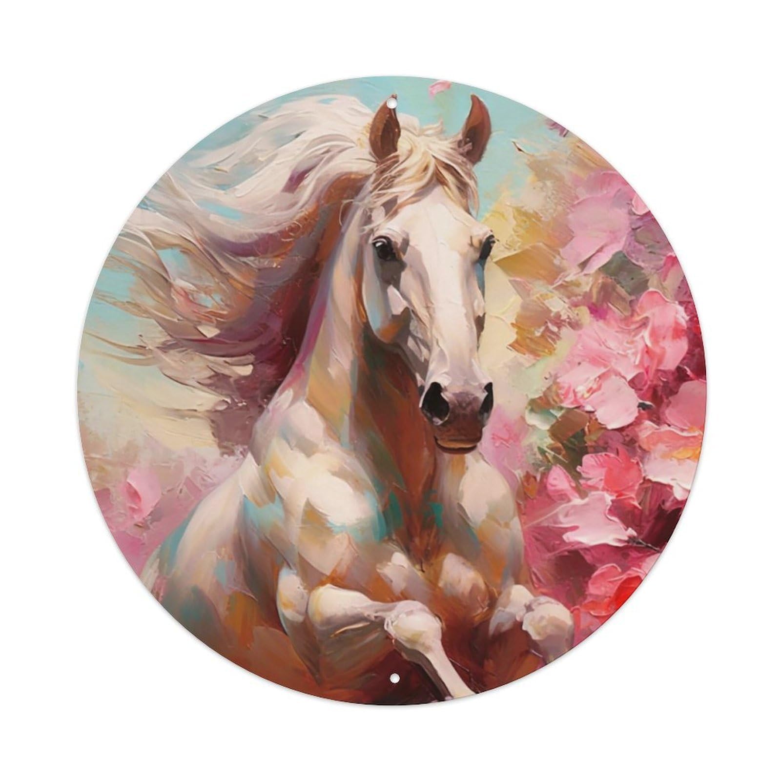 Visual Oil Painting Art Galloping Horse Vintage Metal Tin Sign Plaque Wall Decor for Cafe, Club, Garden Round Metal Poster 8x8Inch